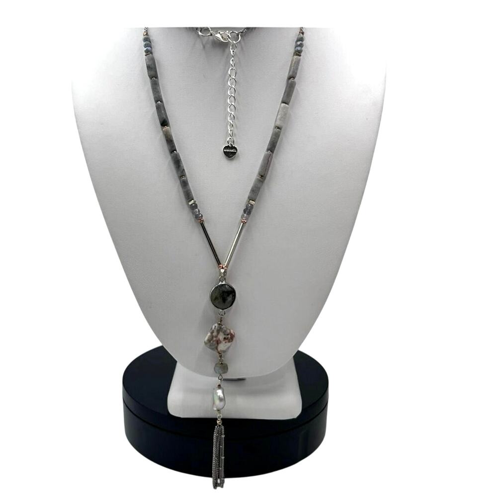 Nakamol Signed Gray Stone Faceted Beads Metal Beaded Tassel Y Lariat Necklace